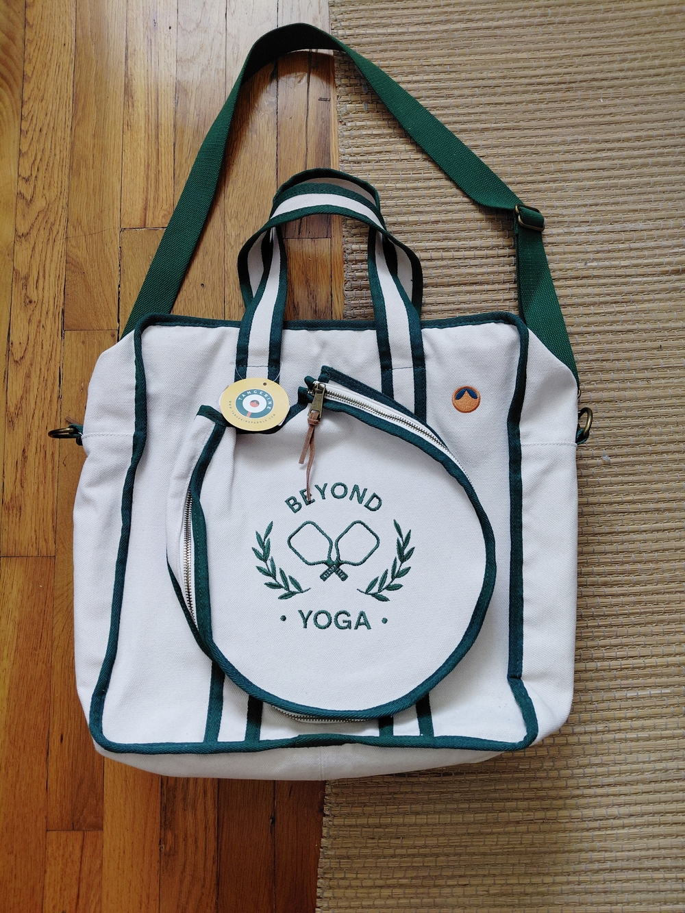 Beyond Yoga White & Green Canvas Tote Bag